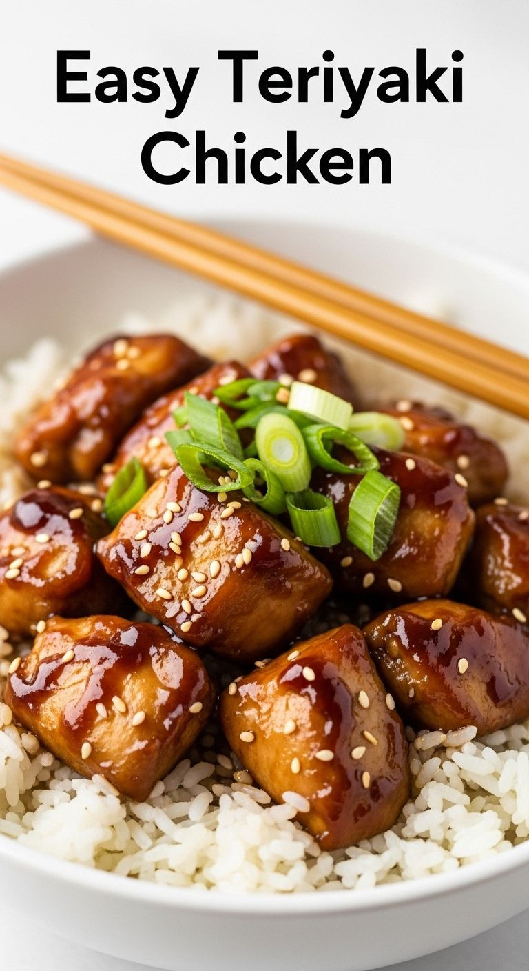 Close-up shot of a bowl of glossy teriyaki chicken served over white rice, garnished with scallions, with chopsticks resting on the side.