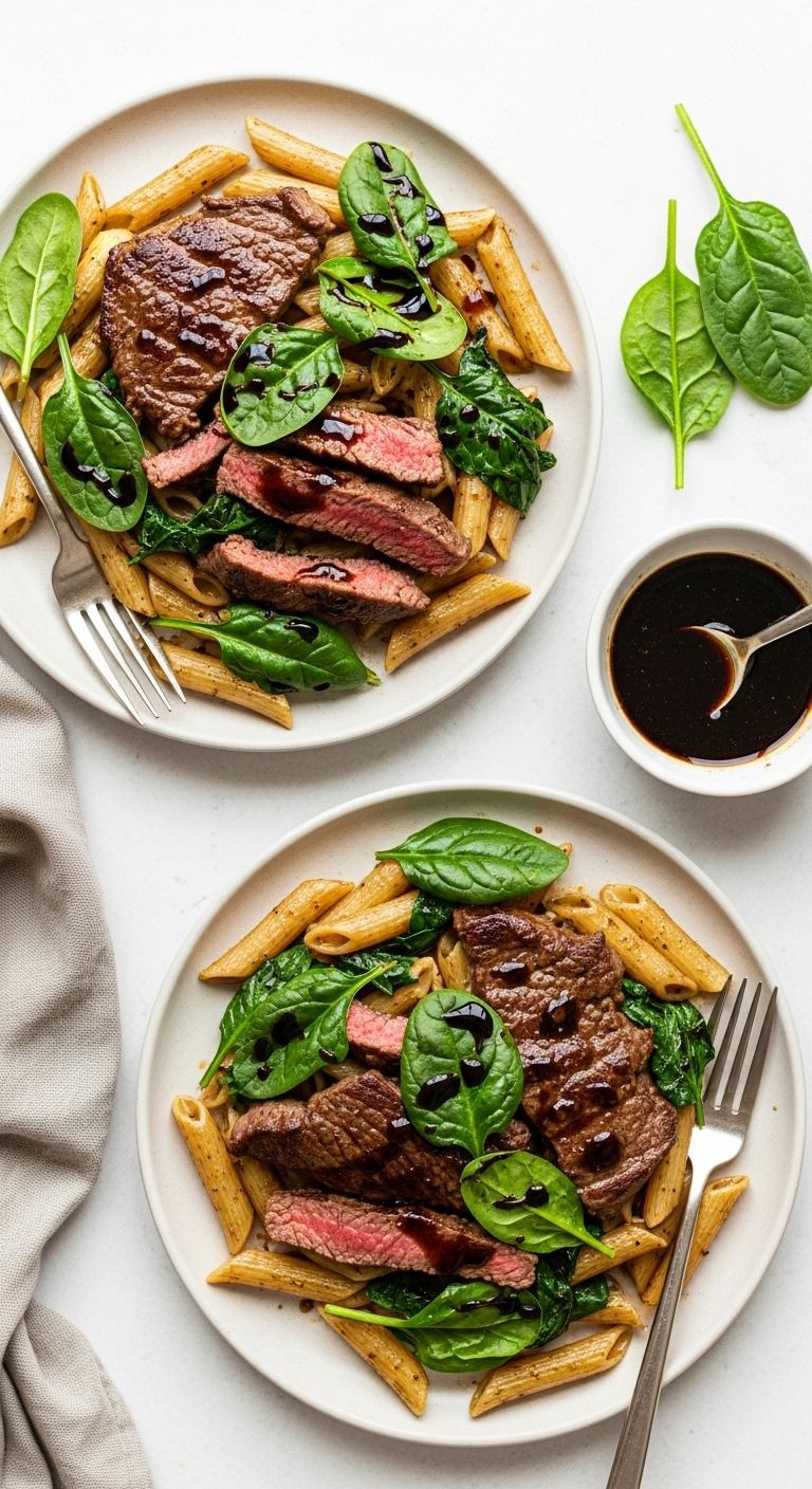 A top-down flat lay of two plates of Balsamic Steak and Spinach Penne, with a small bowl of extra dressing nearby.