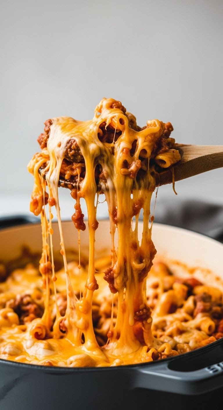 A wooden spoon lifts a cheesy scoop of one-pot cheeseburger pasta from a rustic Dutch oven, with melted cheese stretching.