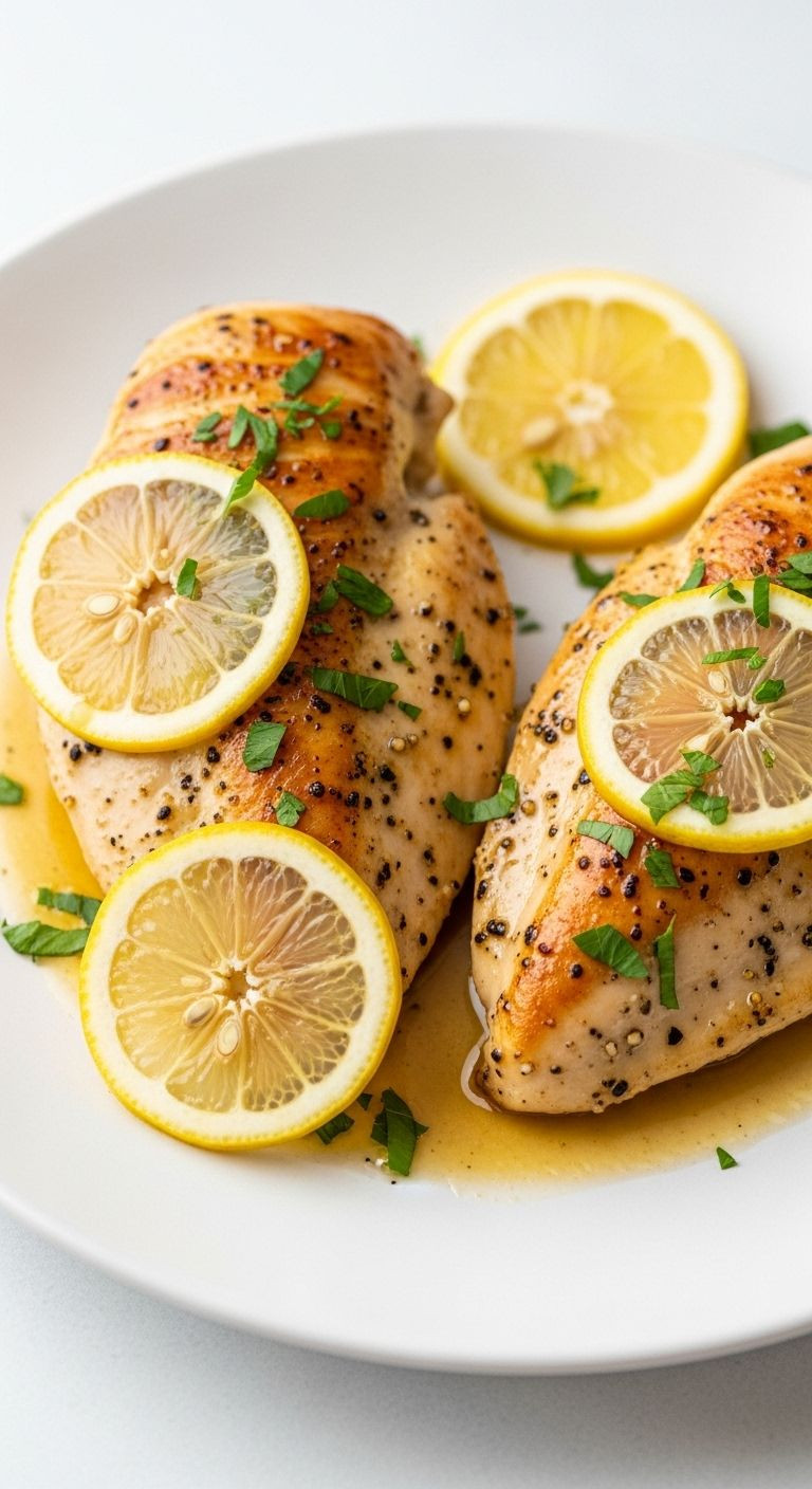 Two golden-brown lemon pepper chicken breasts on a white platter, drizzled with sauce and garnished with parsley and lemon slices.