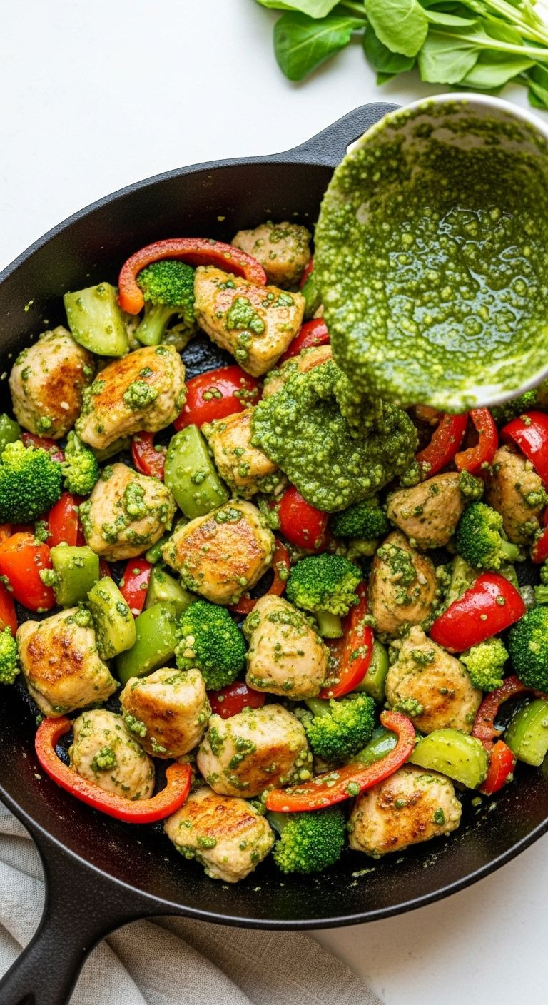A dynamic, slightly overhead shot of pesto chicken and colorful vegetables being tossed in a black cast-iron skillet.