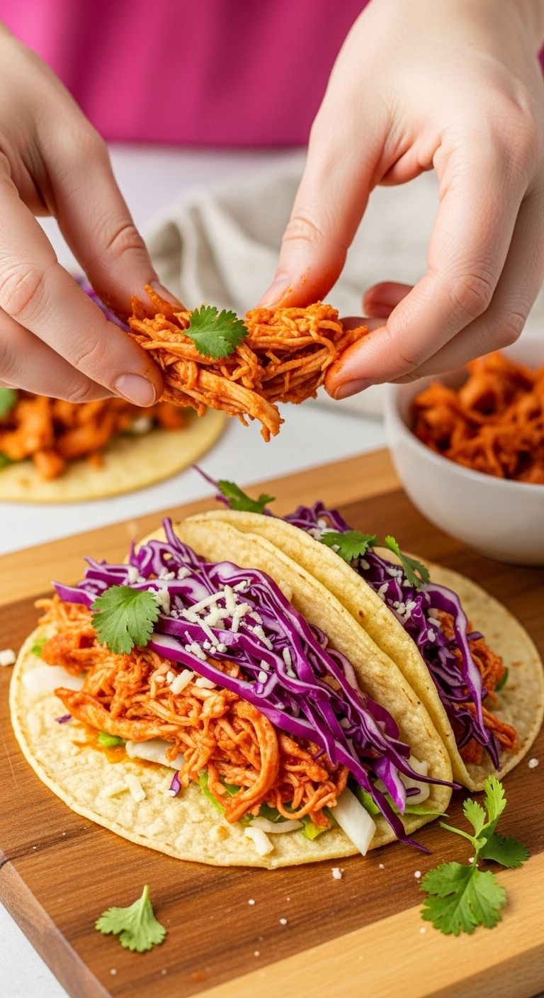 Two hands assemble tacos on a wooden board, with a fully built taco revealing layers of spicy shredded chicken, purple cabbage, and cheese.
