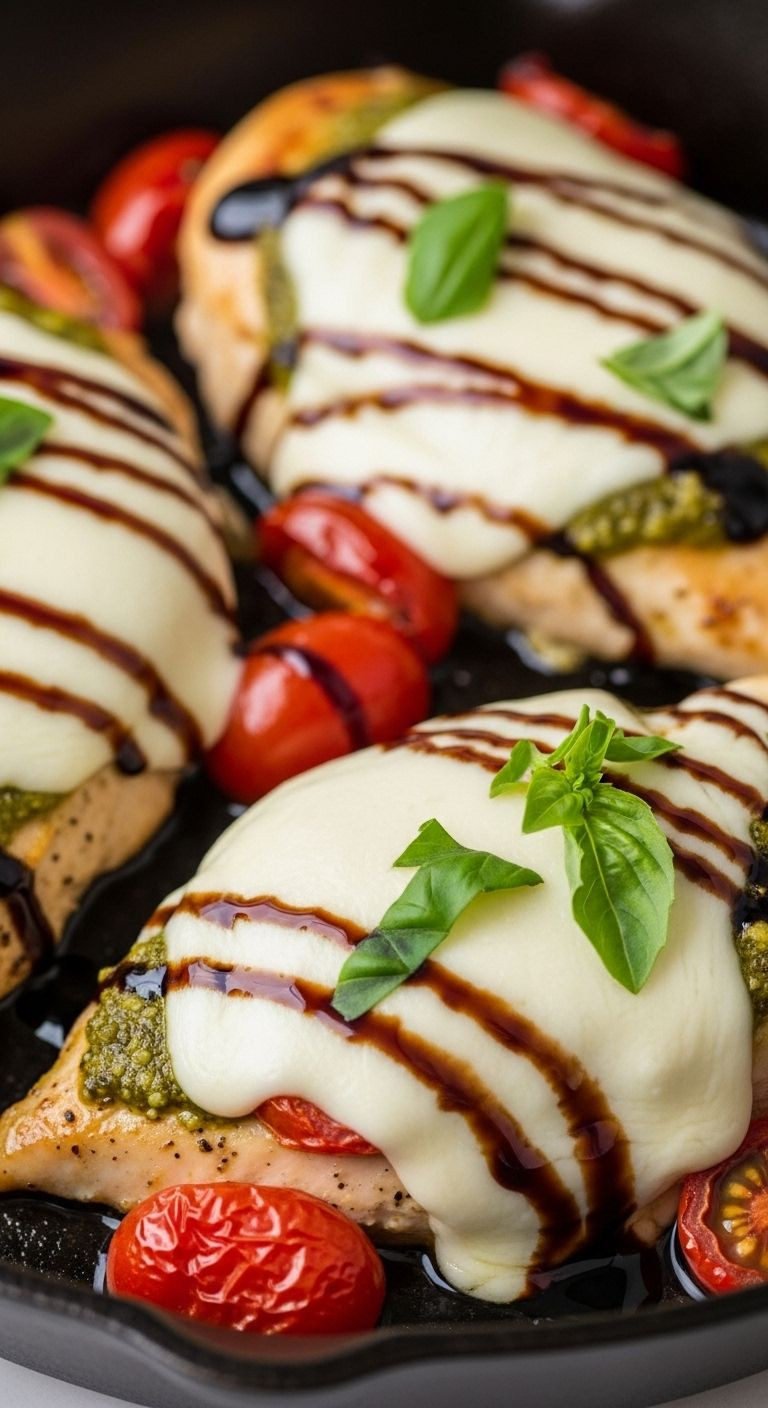 A close-up of a Caprese chicken breast in a cast-iron skillet, with melted mozzarella, burst tomatoes, pesto, and balsamic glaze.