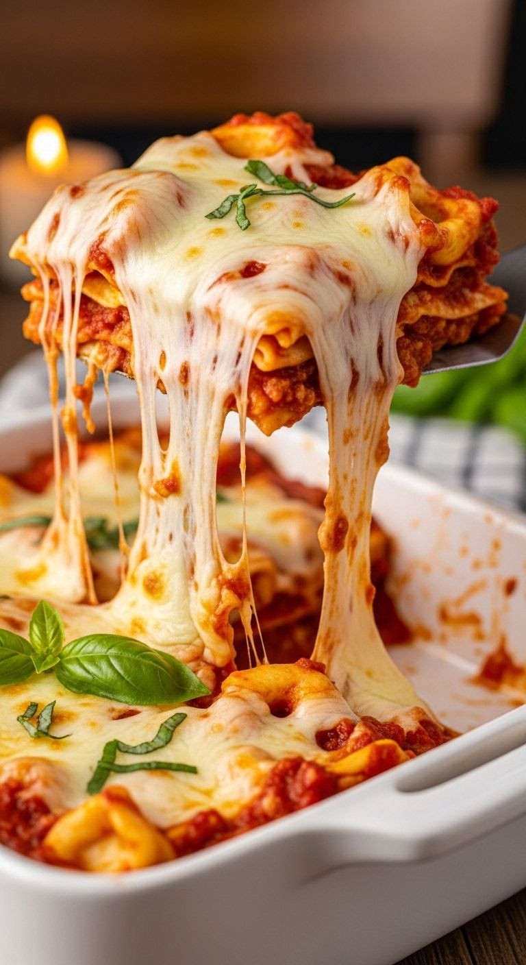 A spatula lifts a cheesy portion of tortellini lasagna casserole from a white baking dish, showing layers of pasta, sauce, and stretching mozzarella.