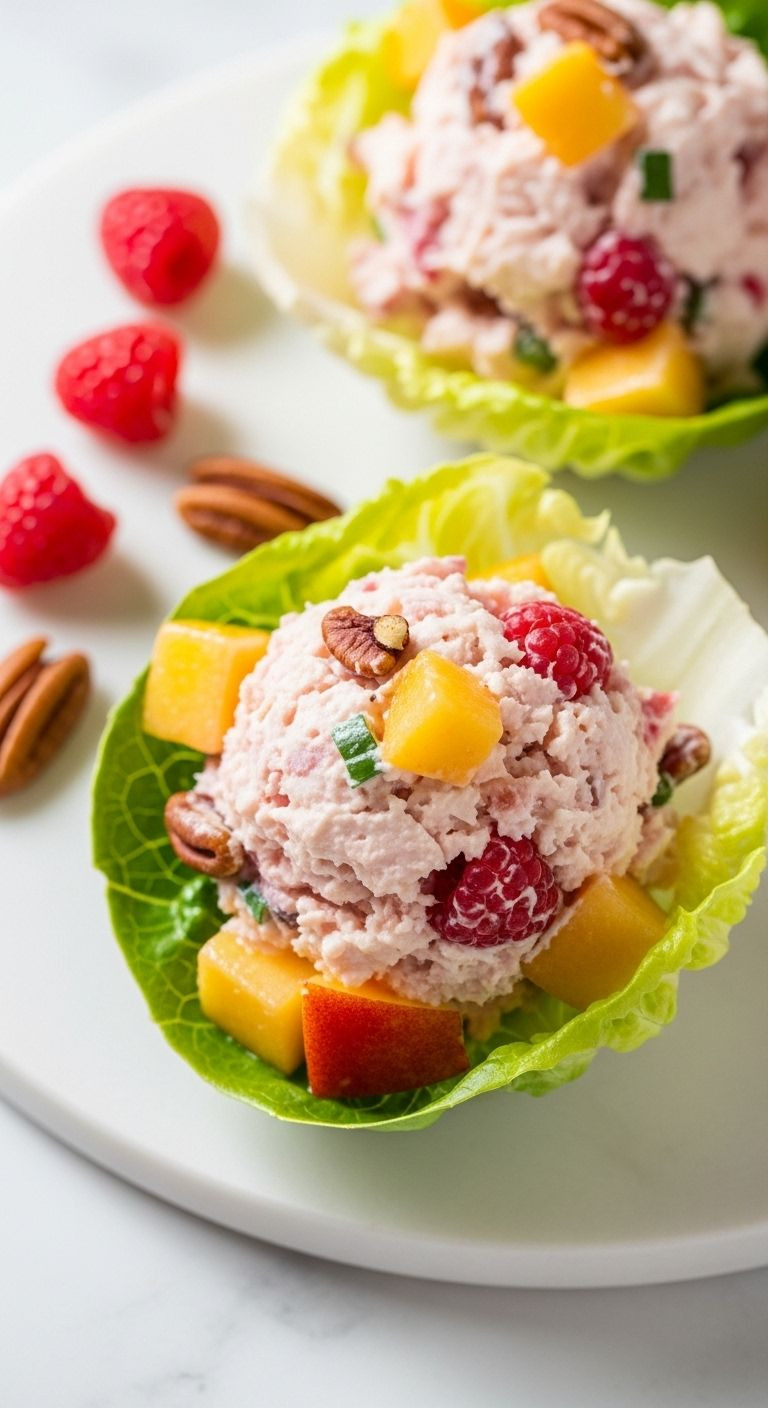 A close-up, slightly overhead shot of a scoop of nectarine and raspberry pecan chicken salad in a butter lettuce cup, with berries and pecans on a white marble surface.