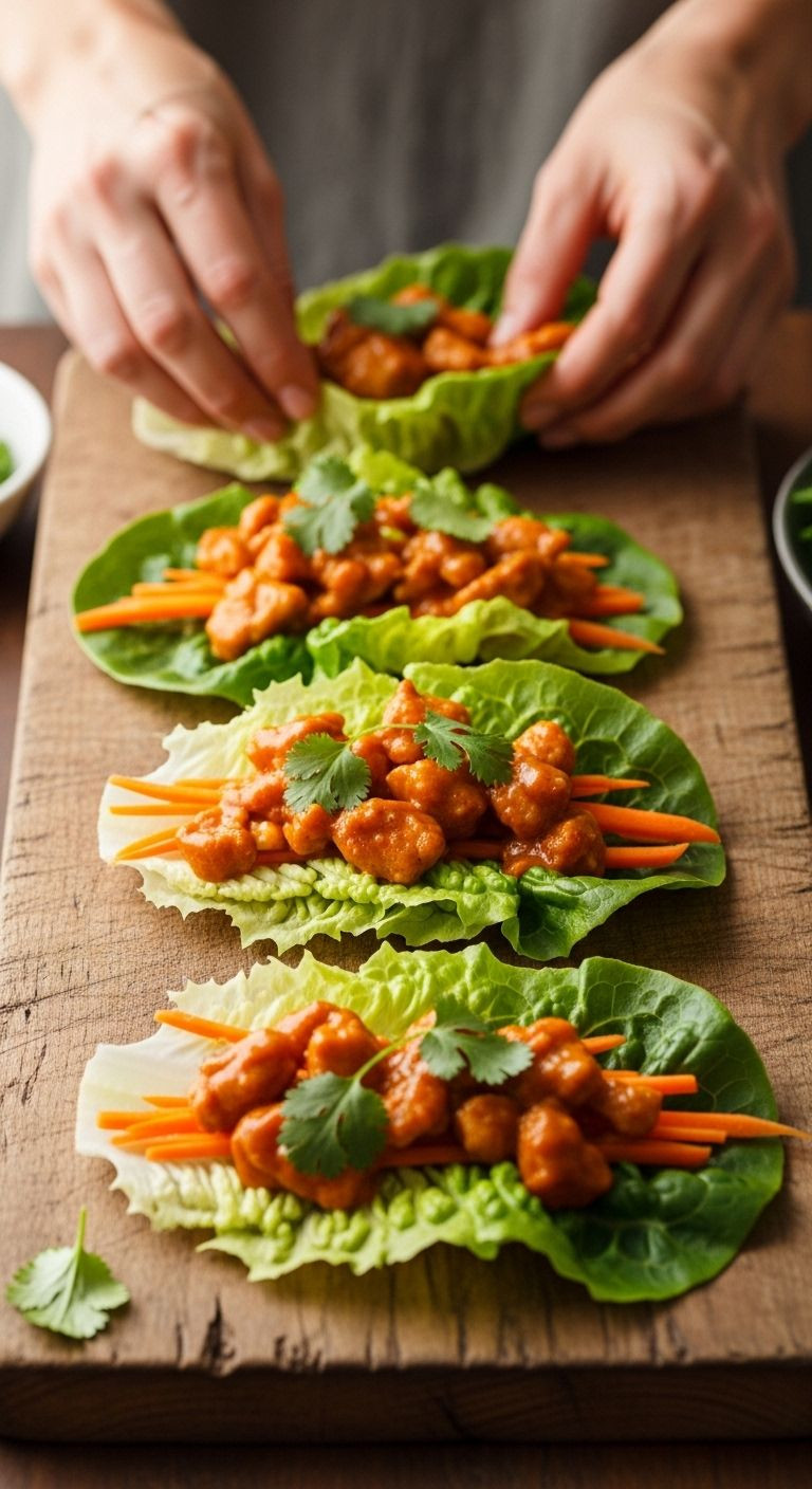 Hands assemble a chicken satay lettuce wrap on a rustic wooden board, with three finished wraps filled with saucy chicken, carrots, and cilantro.