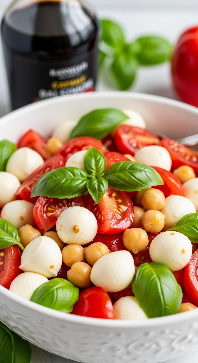 A white ceramic bowl filled with vibrant Caprese Chickpea Salad, featuring glossy mozzarella, red tomatoes, and green basil, with balsamic glaze in the background.