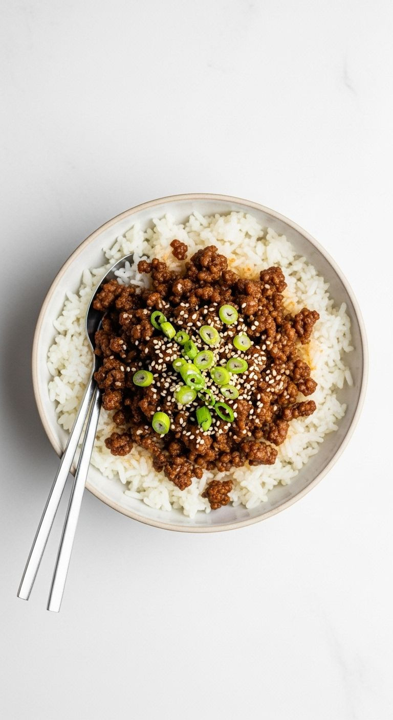 A top-down view of a ceramic bowl with fluffy white rice topped with glistening Korean ground beef, garnished with green onions and sesame seeds, with chopsticks resting on the side.