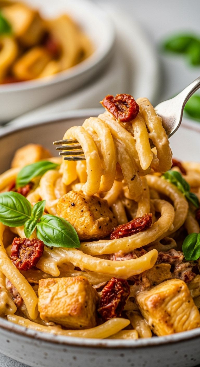 A close-up shot of a fork twirling creamy Marry Me Chicken Pasta out of a rustic bowl, with sun-dried tomatoes and basil visible.