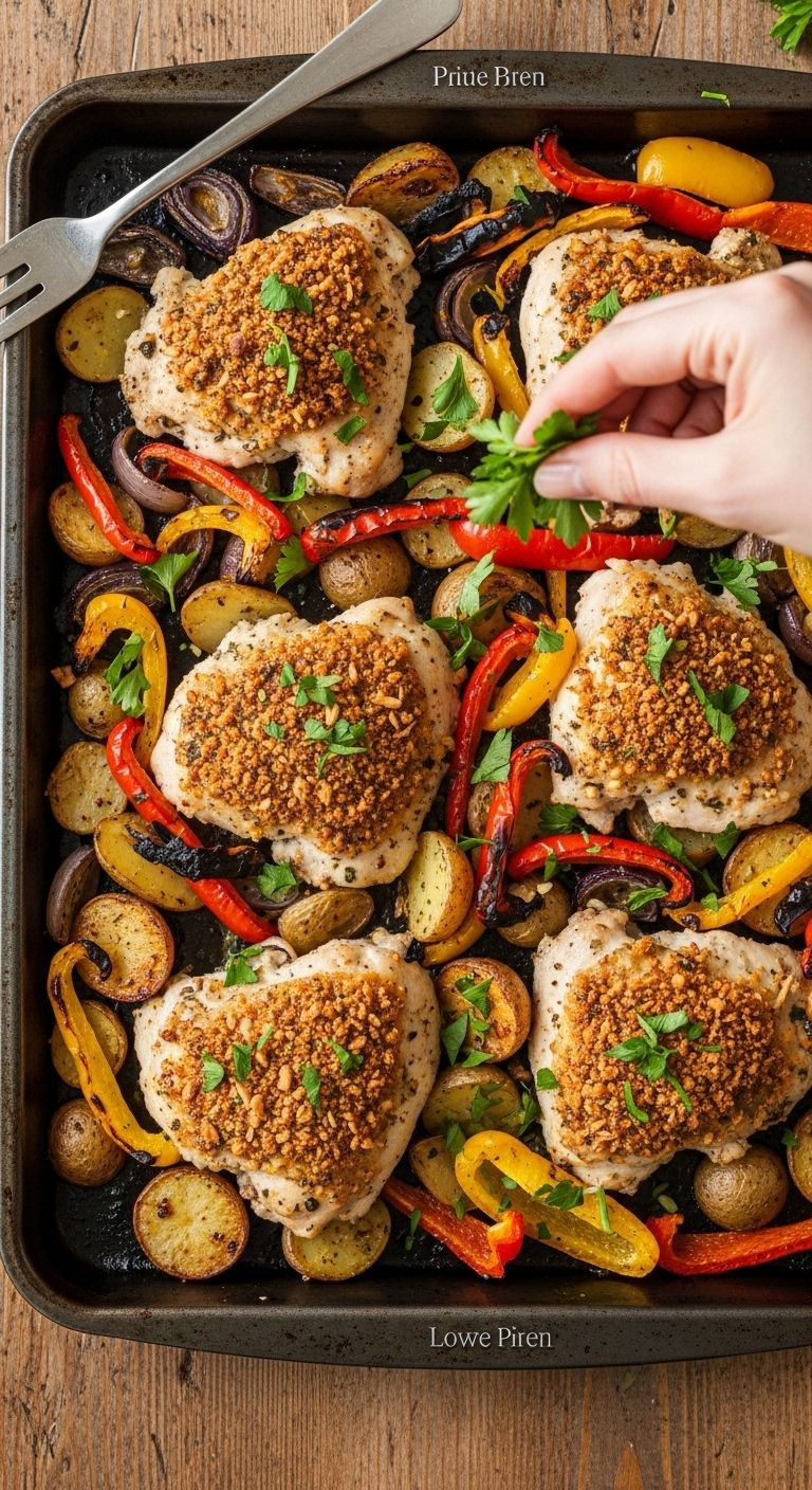 Overhead, angled shot of a dark metal sheet pan with roasted chicken and vibrant vegetables, with a hand sprinkling fresh parsley over the top.