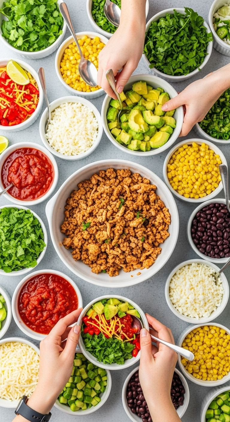 Overhead flat lay of a build-your-own taco bowl station with seasoned ground turkey and colorful fresh toppings, with hands assembling a bowl.