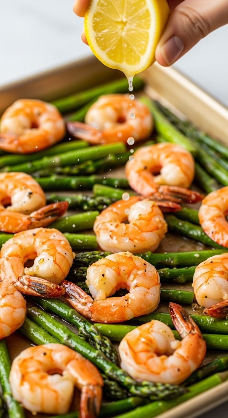 Close-up, angled shot of a sheet pan with glistening shrimp and asparagus, with a lemon wedge being squeezed over the dish.