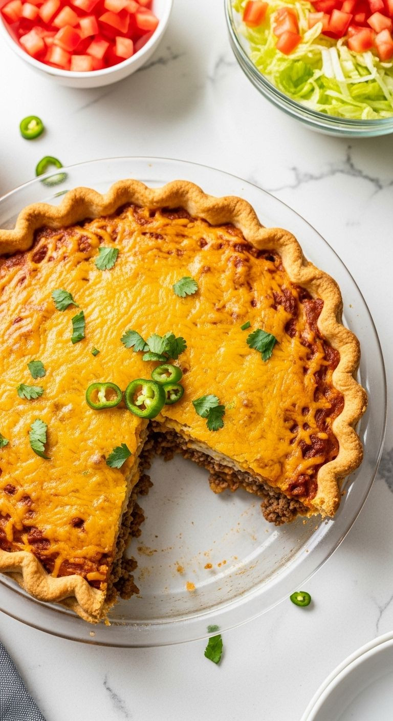 A dynamic, slightly overhead shot of a golden-brown taco pie in a glass dish, with a slice removed to reveal its cheesy ground beef filling, on a modern kitchen countertop with toppings.