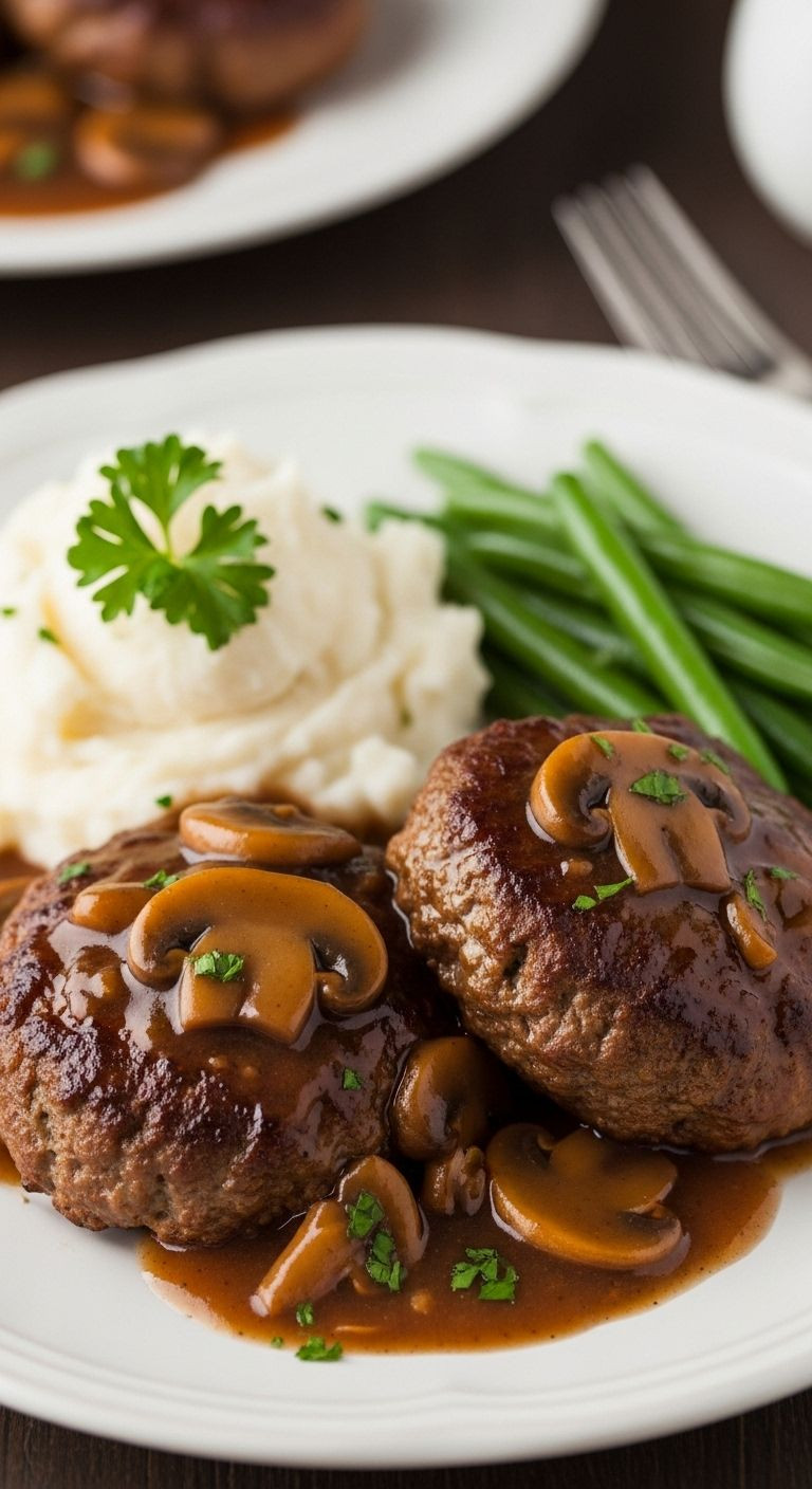 Two Salisbury ground beef patties smothered in mushroom gravy, with mashed potatoes and green beans on a white dinner plate.