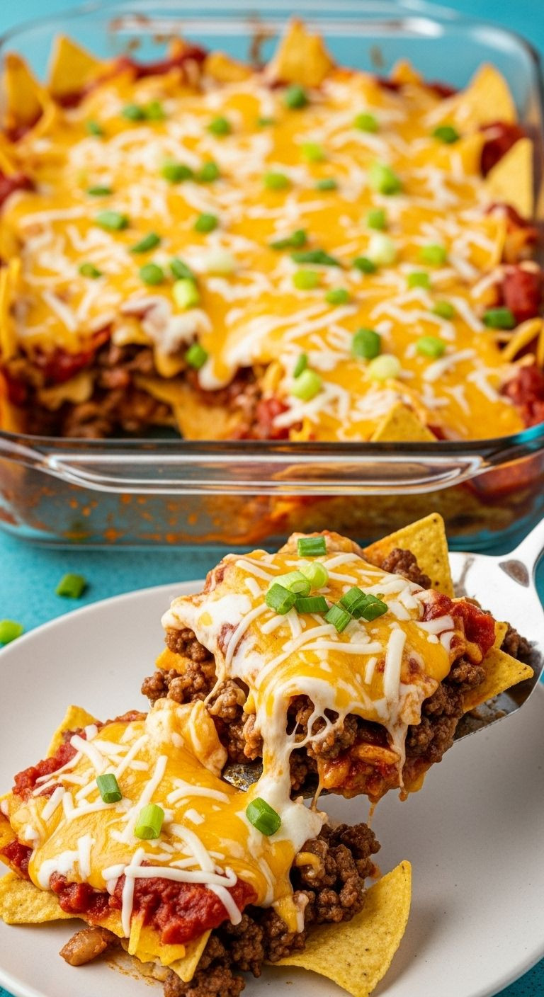 A rectangular glass baking dish filled with bubbly, golden-brown taco casserole, with a spatula serving a messy scoop, revealing layers of chips, beef, and cheese.