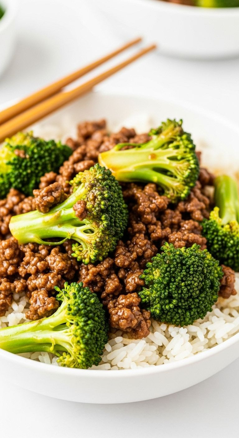A close-up of a white bowl filled with ground beef and broccoli stir fry over rice, with chopsticks on the side, highlighting the glossy sauce and fresh textures.