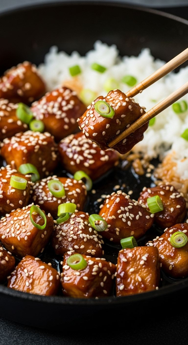 A close-up shot of a cast-iron skillet filled with glossy teriyaki chicken cubes, sprinkled with sesame seeds and green onions, with chopsticks lifting a piece.