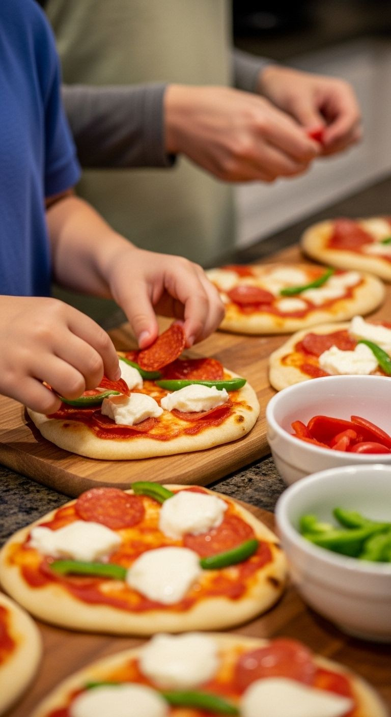 A child's hands carefully place pepperoni on a naan pizza, with other pizzas and toppings in the background, showing a family activity.