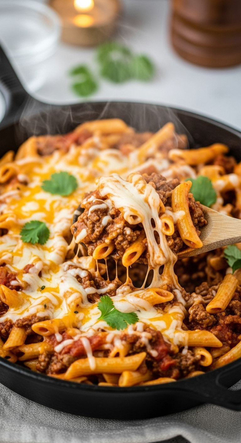 Close-up, top-down shot into a rustic cast-iron skillet of cheesy taco pasta with a wooden spoon lifting a scoop, showing melty cheese and steam.