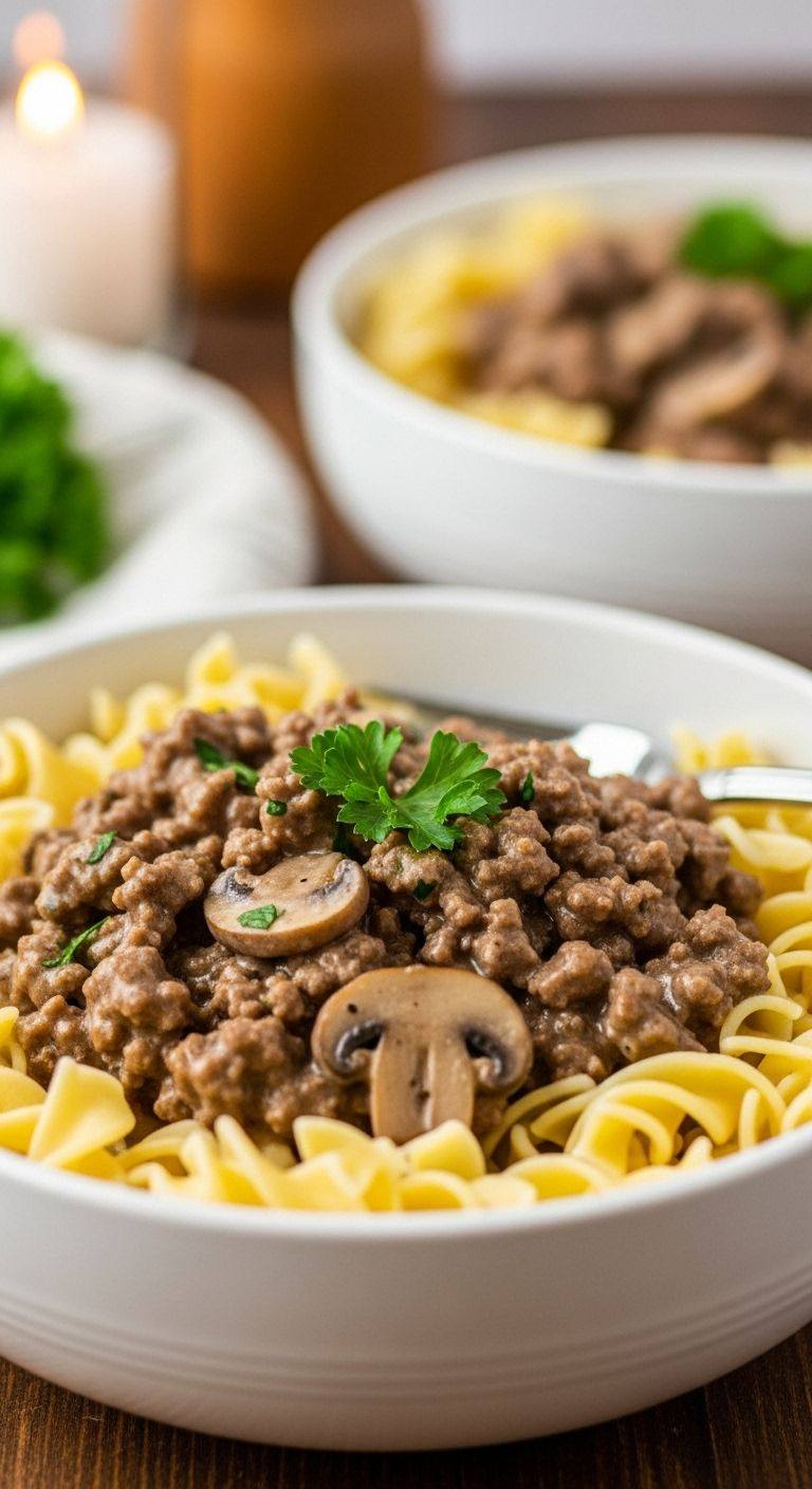 A low-angle shot of a white ceramic bowl of hamburger stroganoff served over egg noodles, with a fork resting on the side.