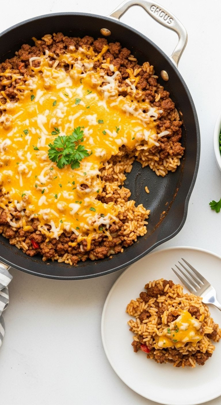 Top-down flat lay of a skillet with cheesy ground beef and rice, with one portion scooped onto a plate, highlighting the meal's simplicity.