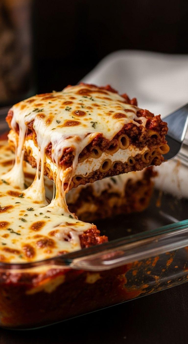 A spatula lifts a perfect square slice of Million Dollar Ground Beef Casserole from a glass baking dish, revealing its creamy, cheesy layers.