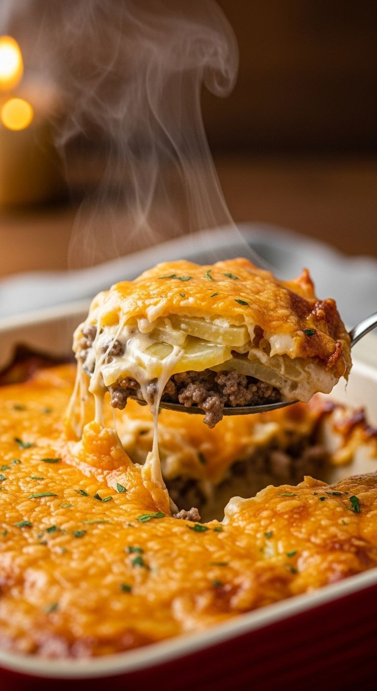 A close-up, angled shot of a casserole dish filled with golden-brown cheesy French onion hamburger casserole, with a serving spoon lifting a portion to show the creamy, steamy interior.