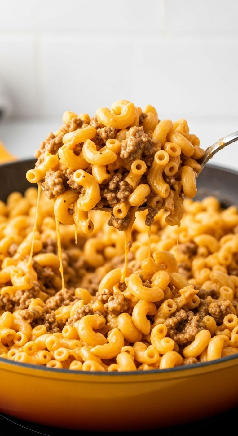 A spoon scoops creamy homemade hamburger helper from a colorful skillet, focusing on the cheesy, saucy macaroni and ground beef.