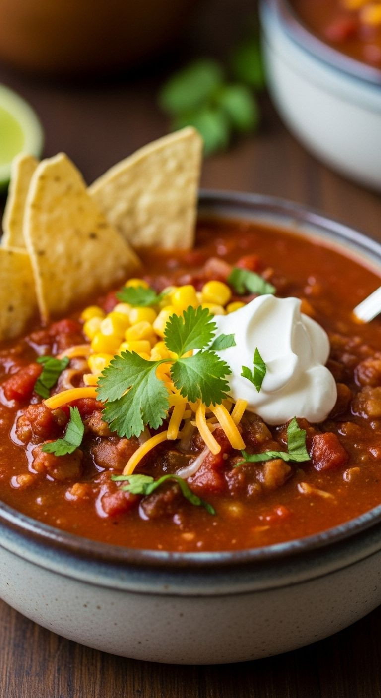 A close-up of a rustic ceramic bowl filled with thick taco soup, topped with sour cream, cheese, cilantro, and tortilla chips on a dark wood table.