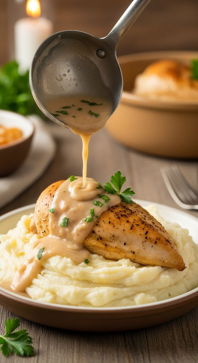 A plated dish of tender chicken breast over mashed potatoes, with creamy gravy being poured.