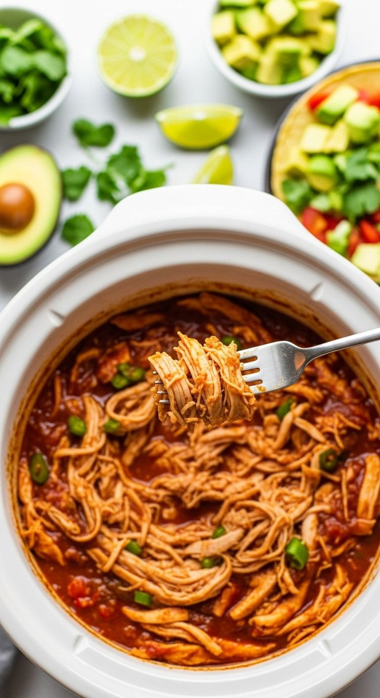 Photorealistic image of shredded salsa chicken in a slow cooker with taco toppings.