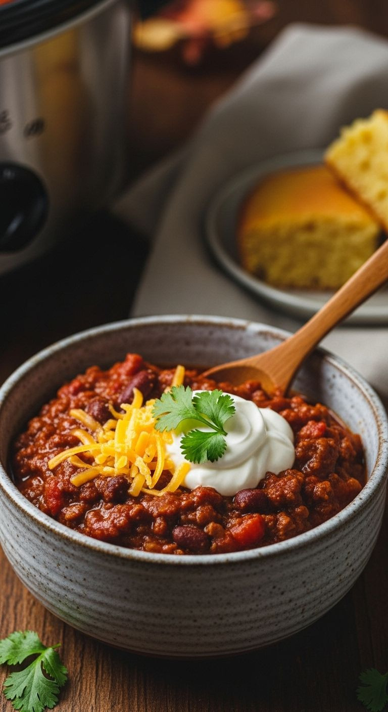 Hearty slow cooker chili in a rustic bowl, topped with sour cream, cheese, and cilantro.