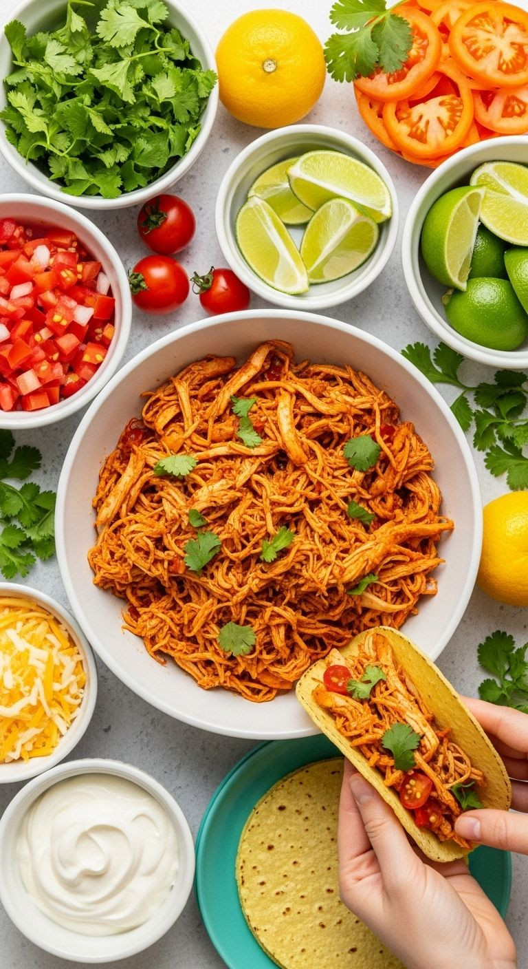 Overhead shot of a vibrant taco bar with a bowl of shredded slow cooker chicken tacos and various toppings.