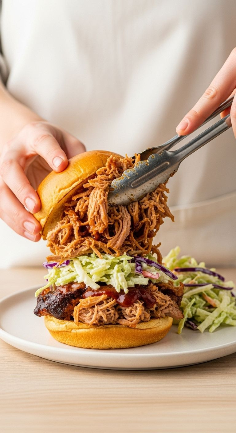 Hands assembling a saucy BBQ pulled pork sandwich with a side of creamy coleslaw.