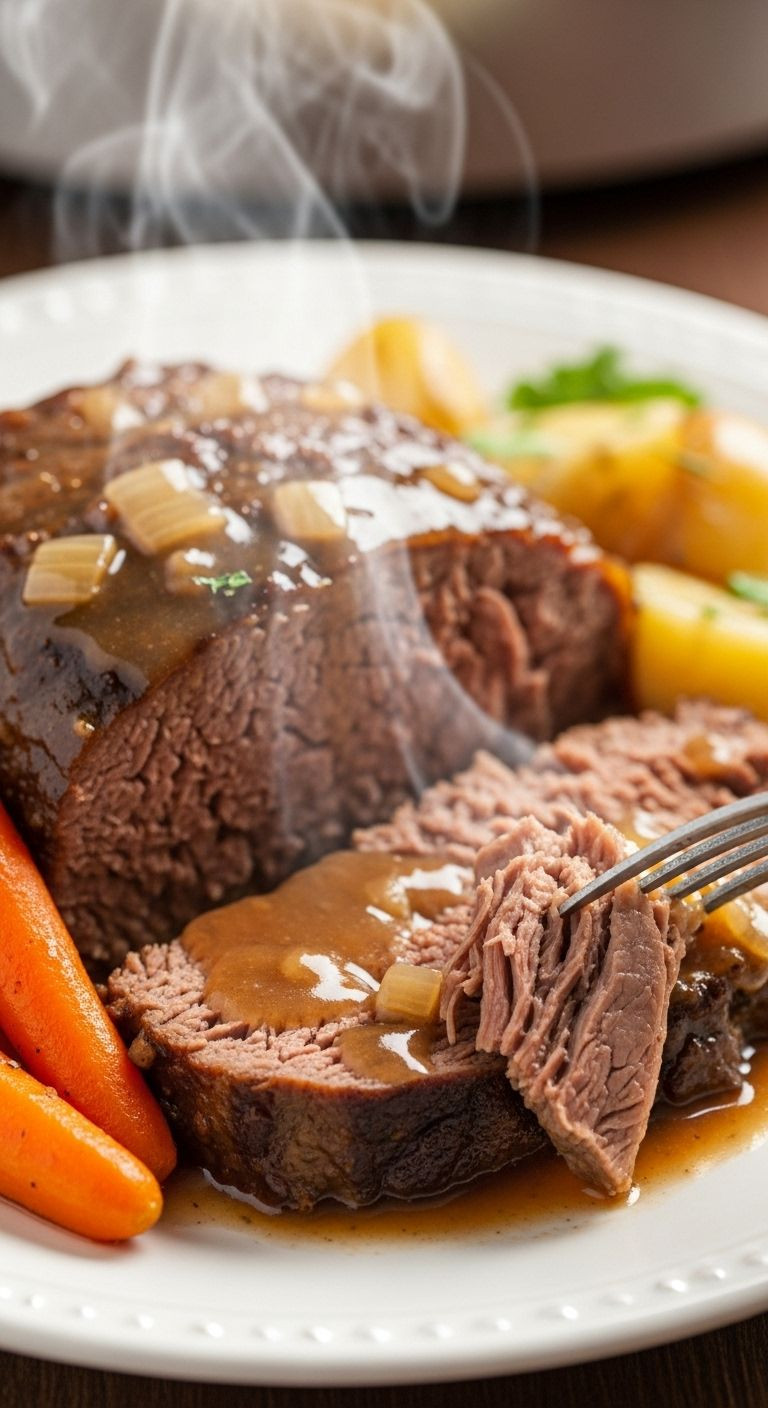 Close-up of a tender pot roast slice with carrots and potatoes, glistening with gravy and steam.