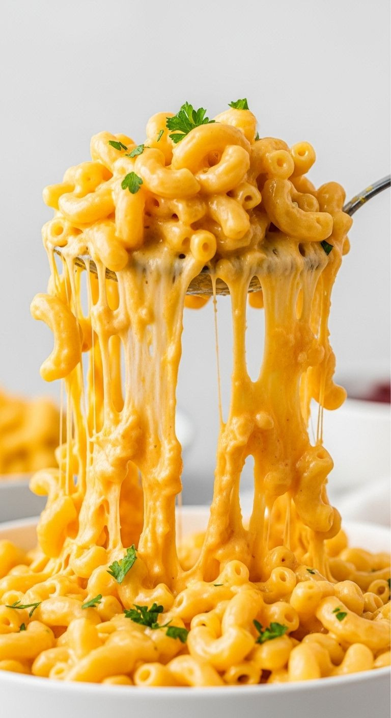 A spoon lifts creamy macaroni and cheese from a bowl, showing long strands of melted cheese.