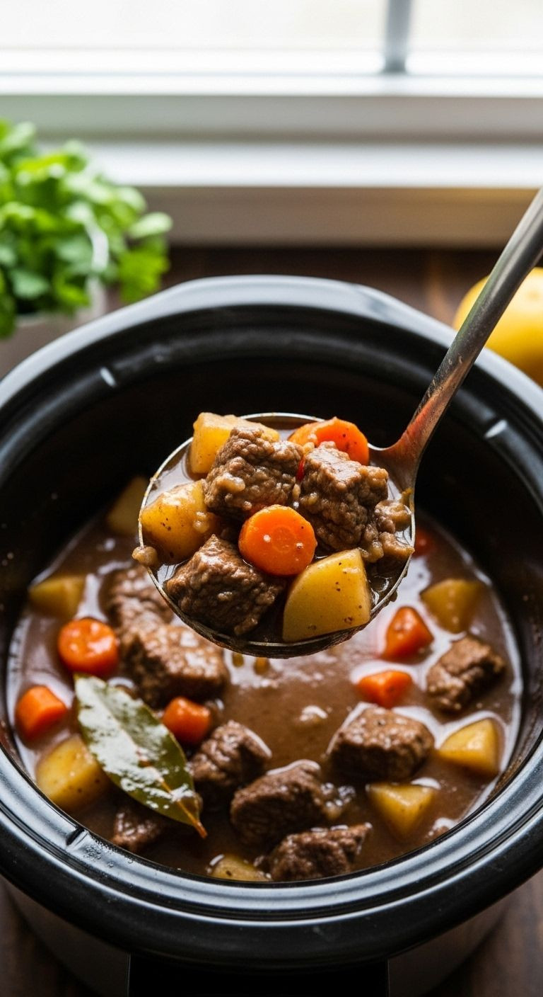A ladle scoops rich beef stew with tender beef, carrots, and potatoes from a dark crockpot.