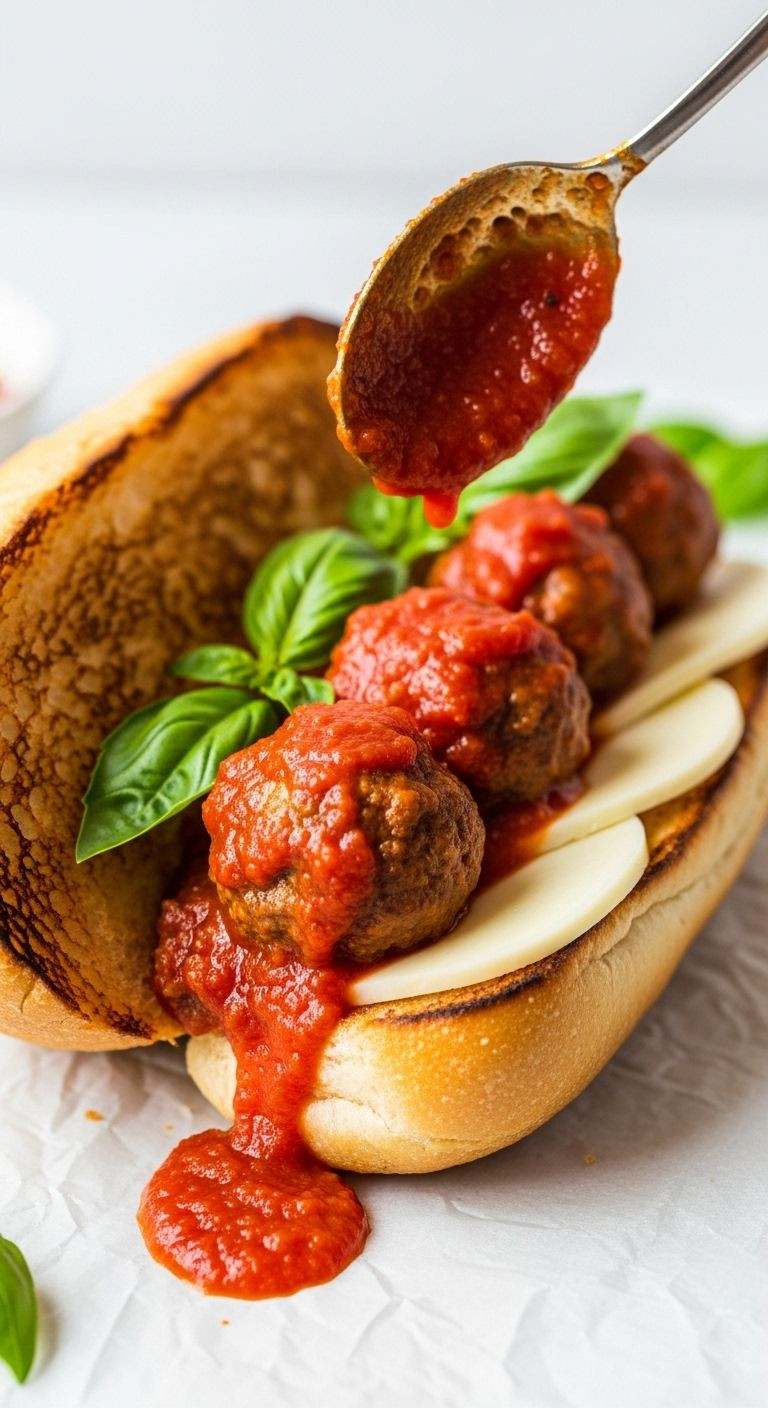 A close-up shot of a saucy meatball sub being assembled on a toasted hoagie bun.