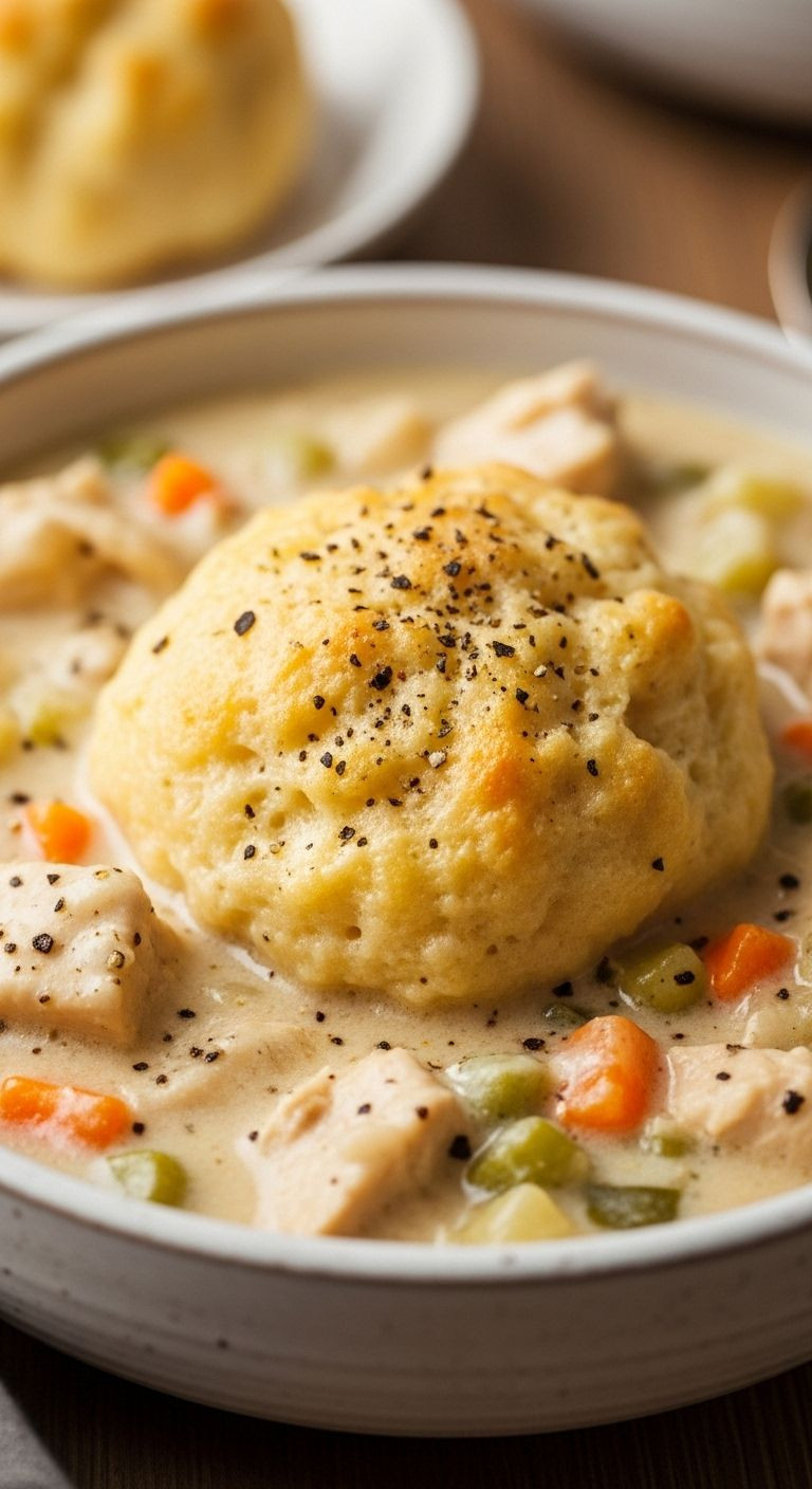 A close-up of creamy chicken and dumplings in a rustic bowl, highlighting a fluffy dumpling.