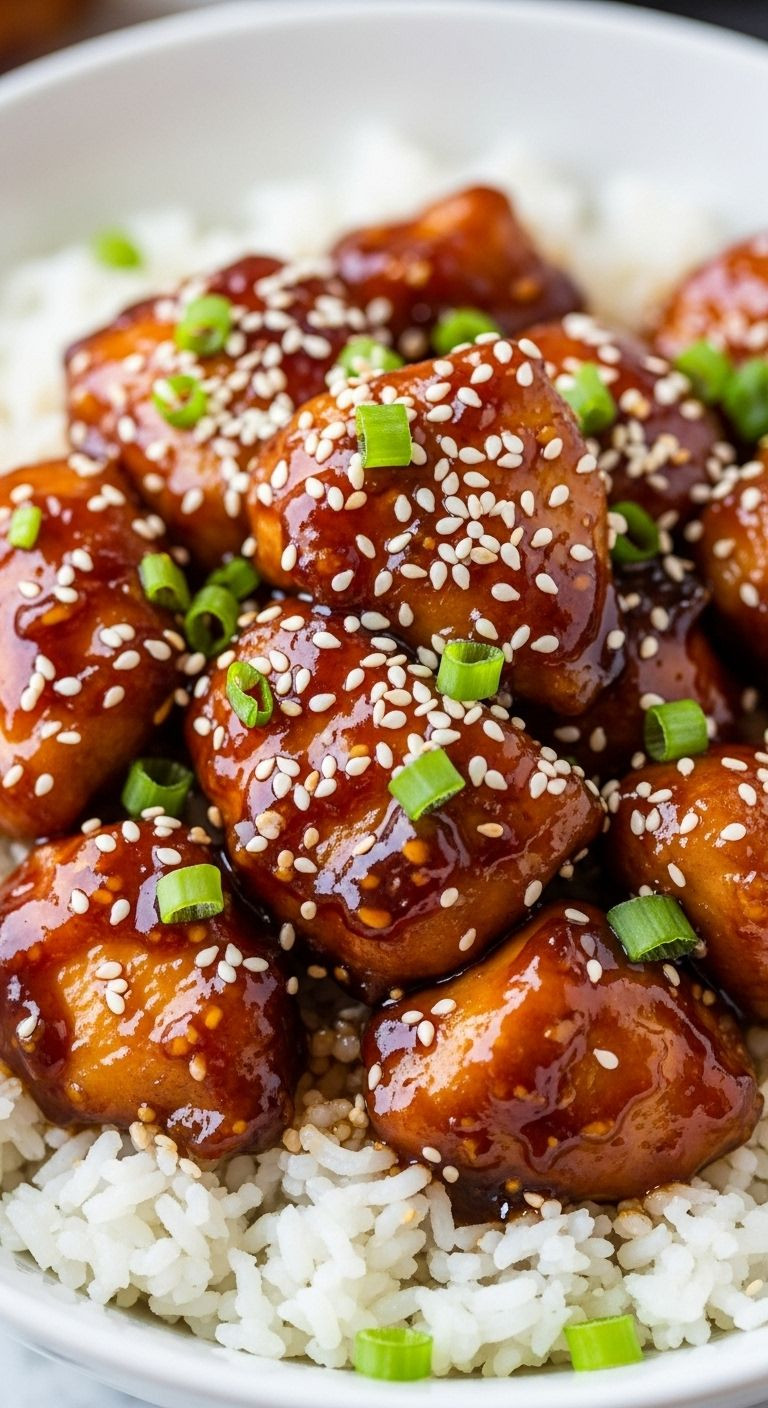 Close-up of fluffy white rice topped with glazed honey garlic chicken, sesame seeds, and green onions.