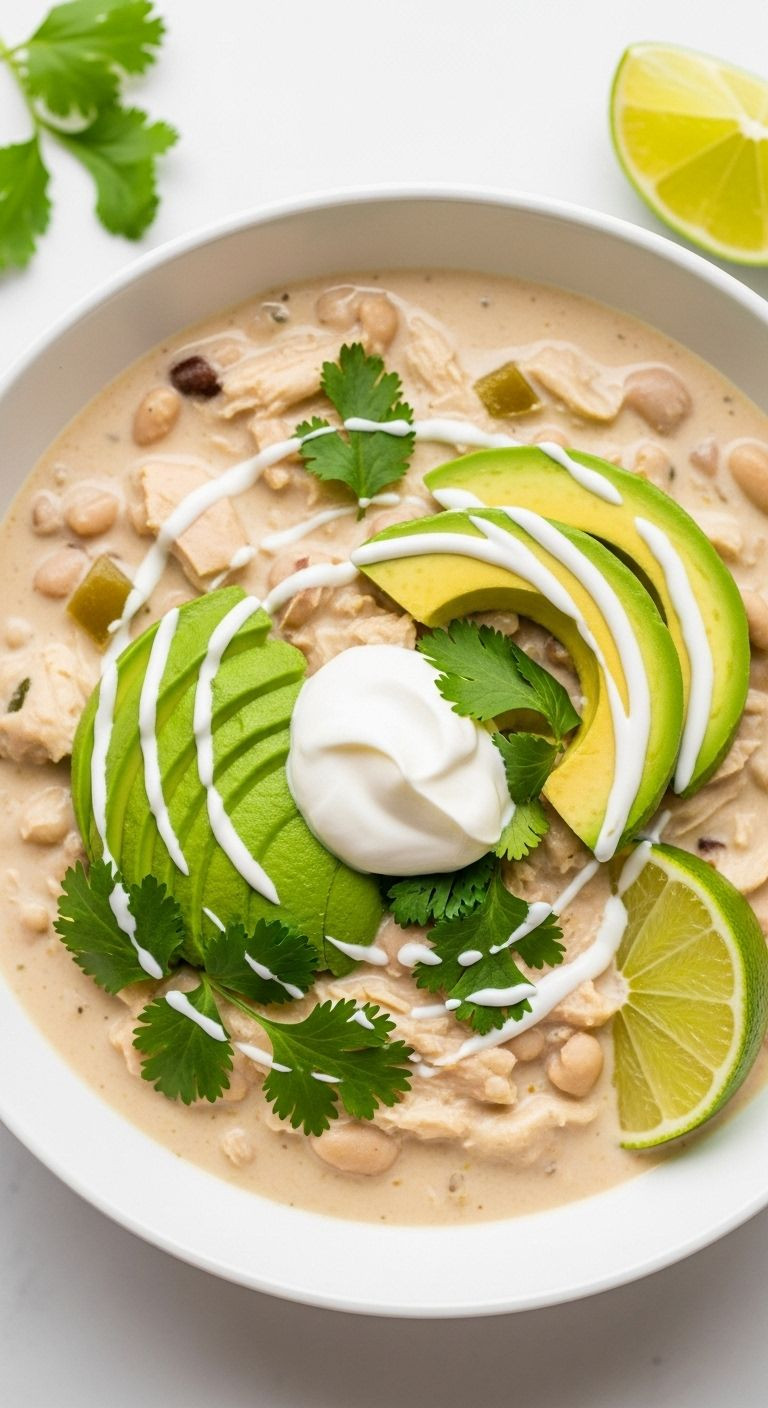 Overhead view of creamy white chicken chili topped with sour cream, avocado, cilantro, and lime.