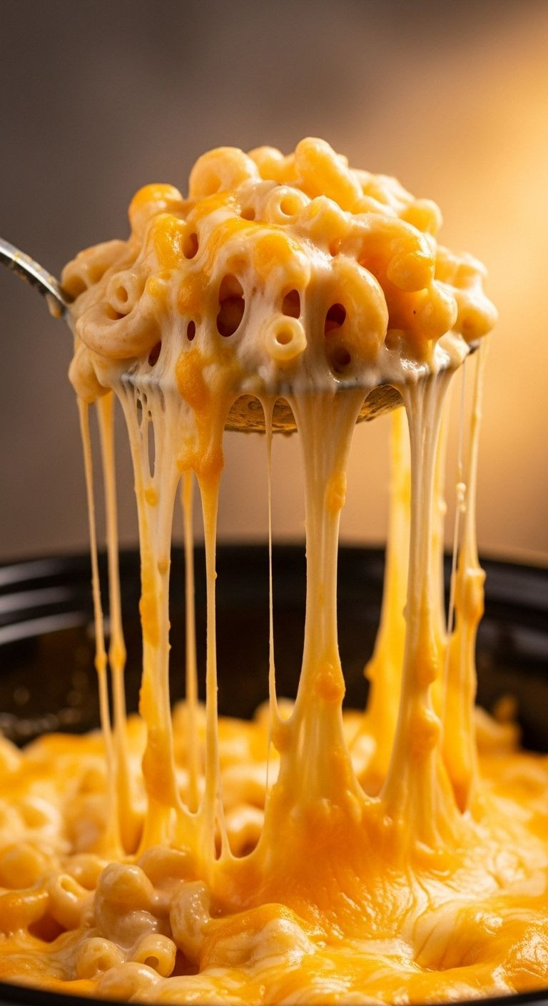 A spoon lifts a ridiculously cheesy scoop of mac and cheese from a crockpot, with long cheese pulls.