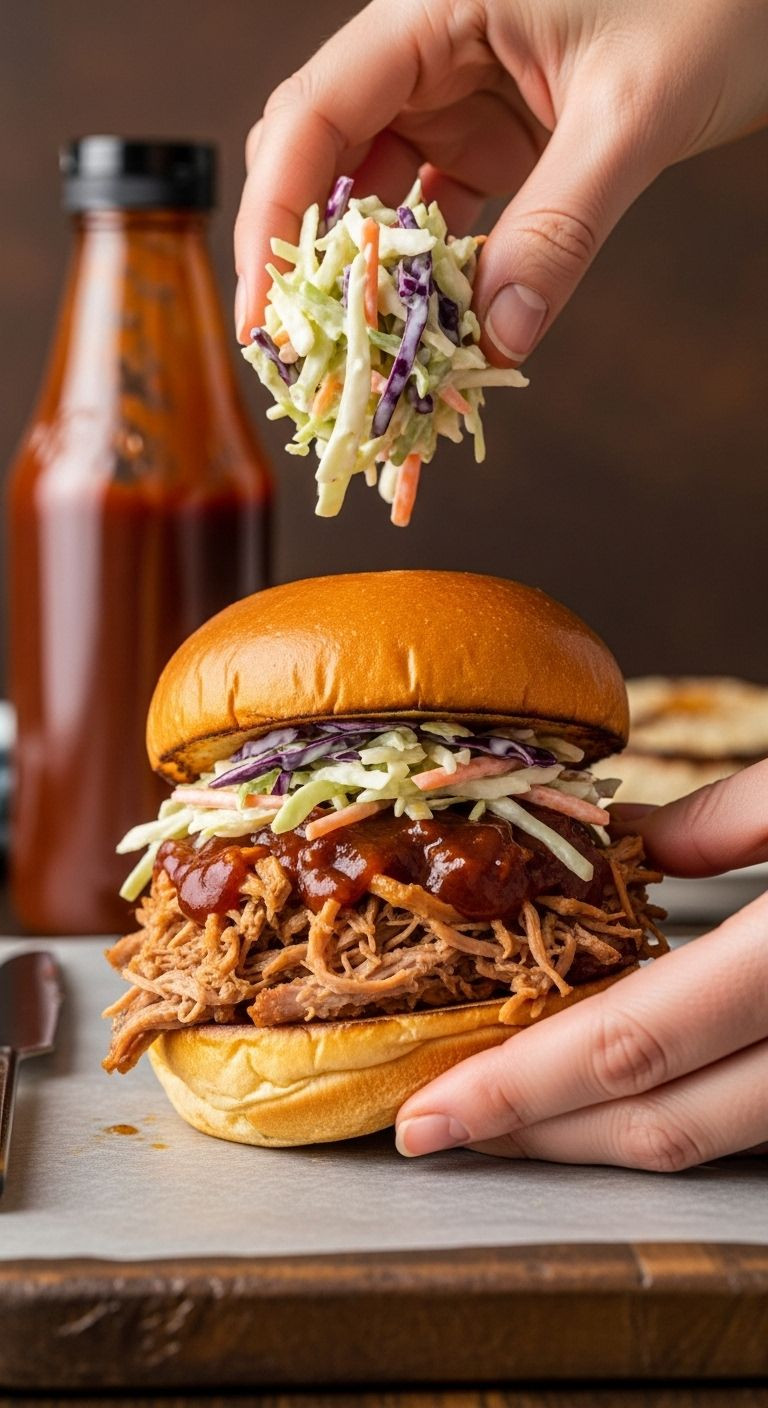Hands assemble a pulled pork sandwich, piling saucy meat and coleslaw onto a brioche bun.