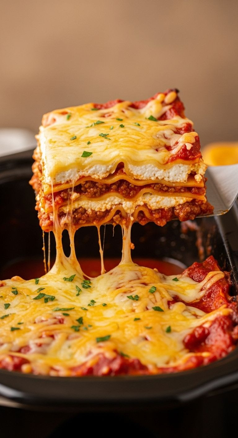 A spatula lifts a perfectly layered slice of lasagna from a slow cooker insert.