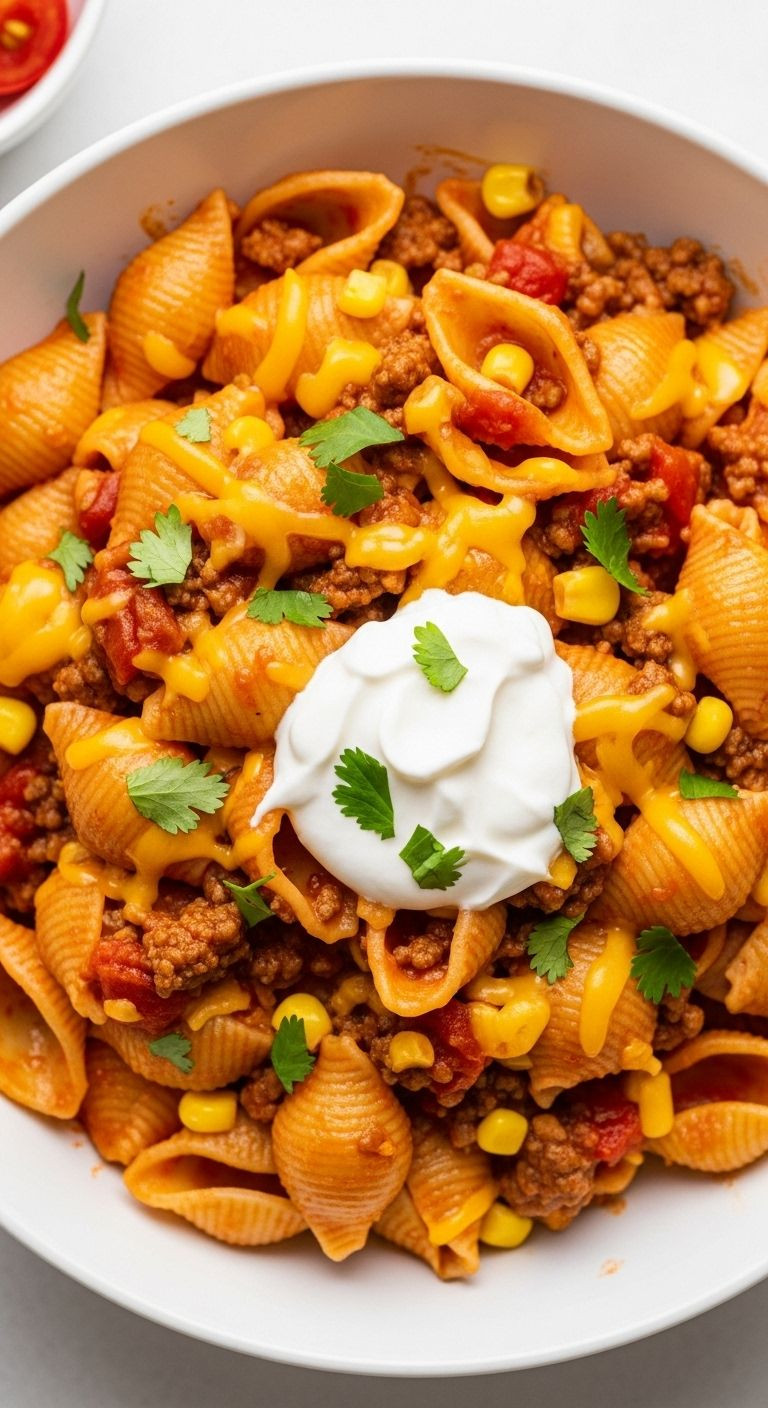 A colorful bowl of taco pasta from a top-down view, garnished with sour cream and cilantro.