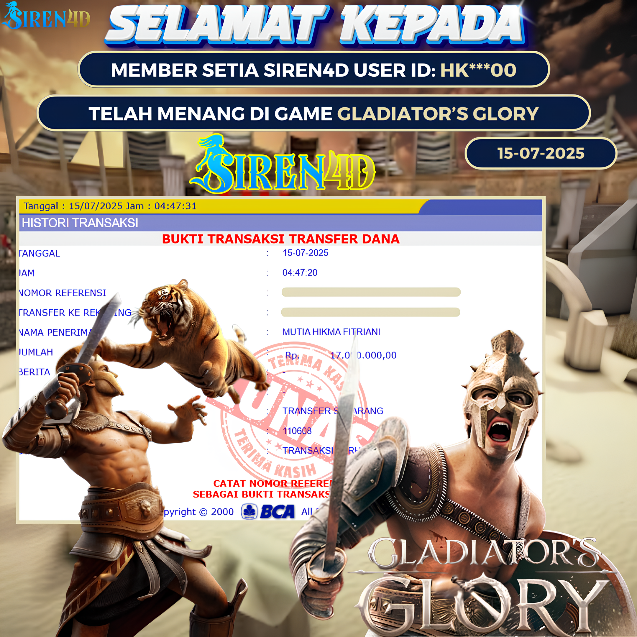 SIREN4D  - JACKPOT DI GAME SLOT GLADIATOR’S GLORY RP 17JT DIBAYAR LUNAS