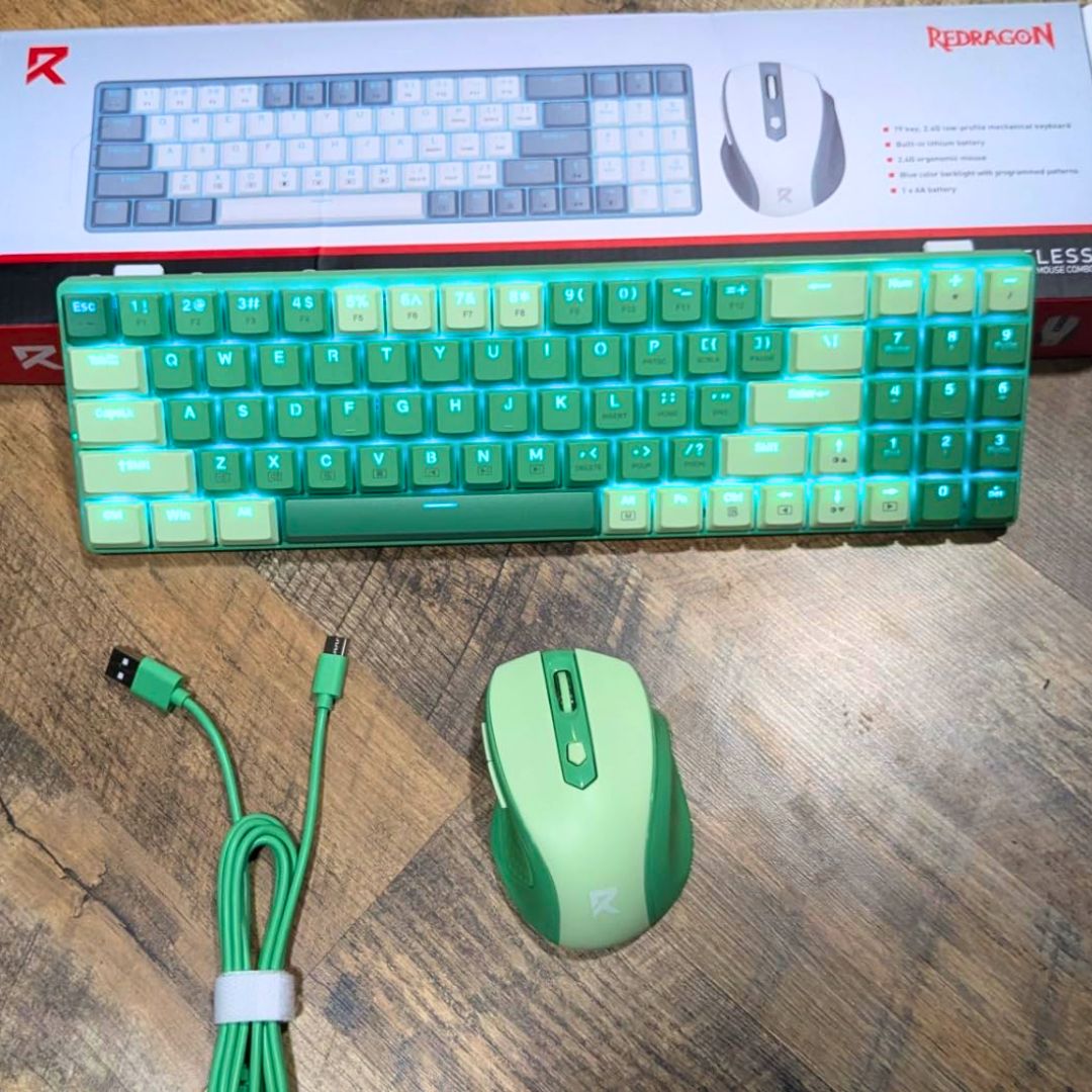 Kit Mouse e teclado mecânico sem fio Redragon BS-8772 GC Verde