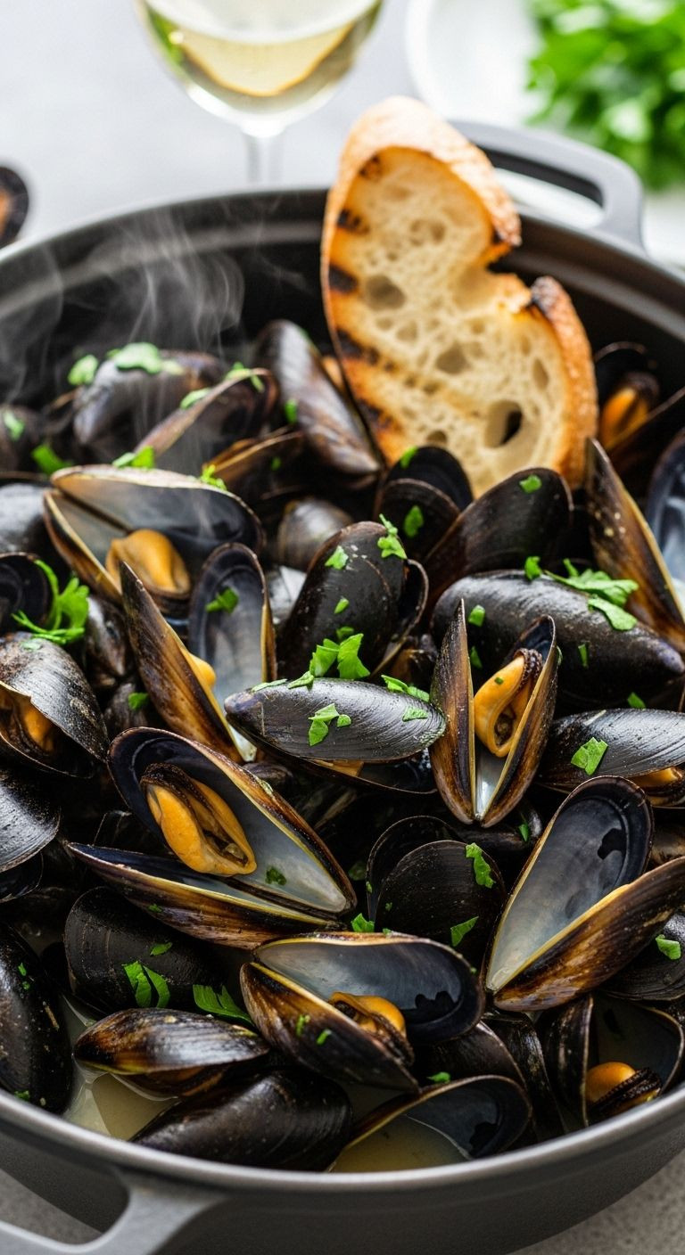 Steaming cast-iron pot filled with mussels in white wine garlic broth, with bread dipping in.