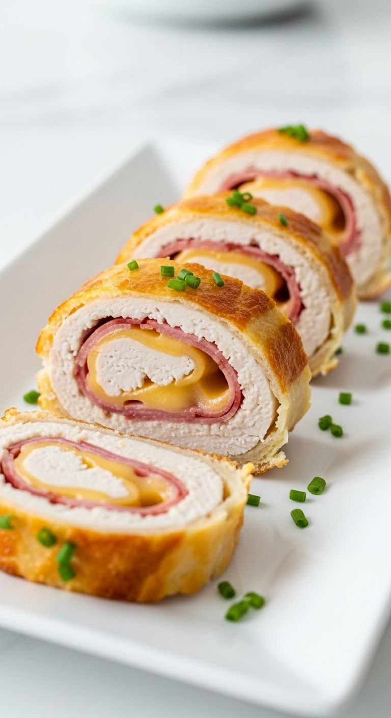 Sliced stuffed chicken rolls with ham and melted Swiss cheese garnished with chives on a platter.