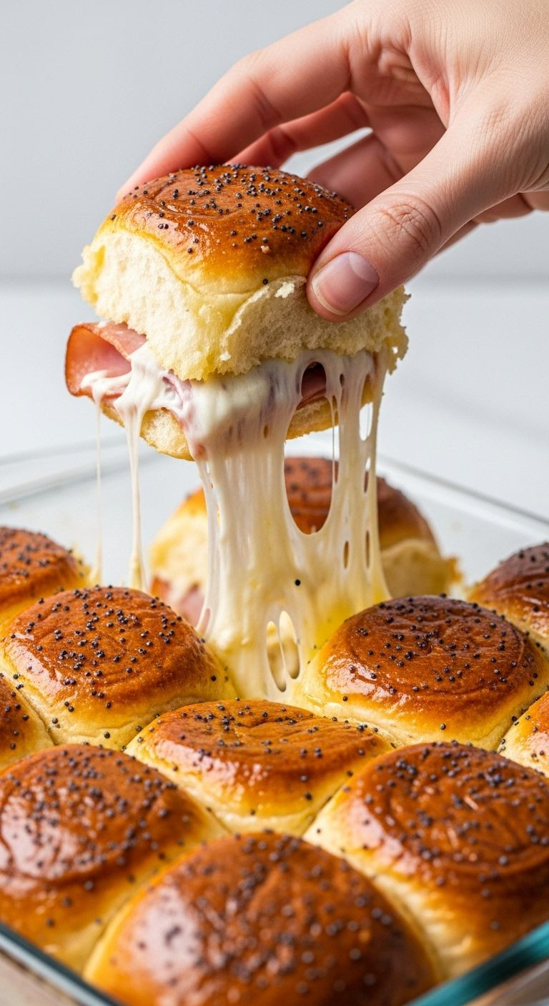 A hand pulls a cheesy slider from a baking dish, creating a glorious cheese pull.